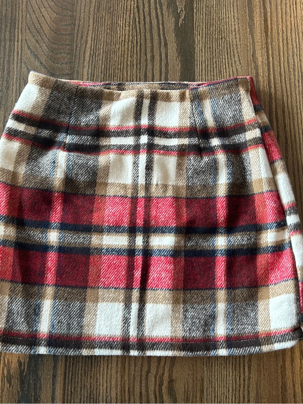 Source Unknown Red, Tan, Cream and Black Plaid Midi Skirt